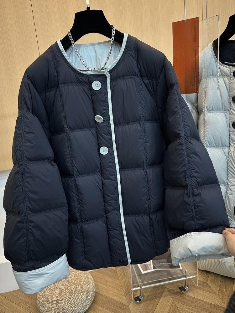 고급 유럽 상품 겨울 고급 센스 패치워크 색상 패션 루즈핏 라운드 넥 자기 빨아 먹다 버클 패딩 재킷 여성 코트 면 옷 면 의류 이미지 3
