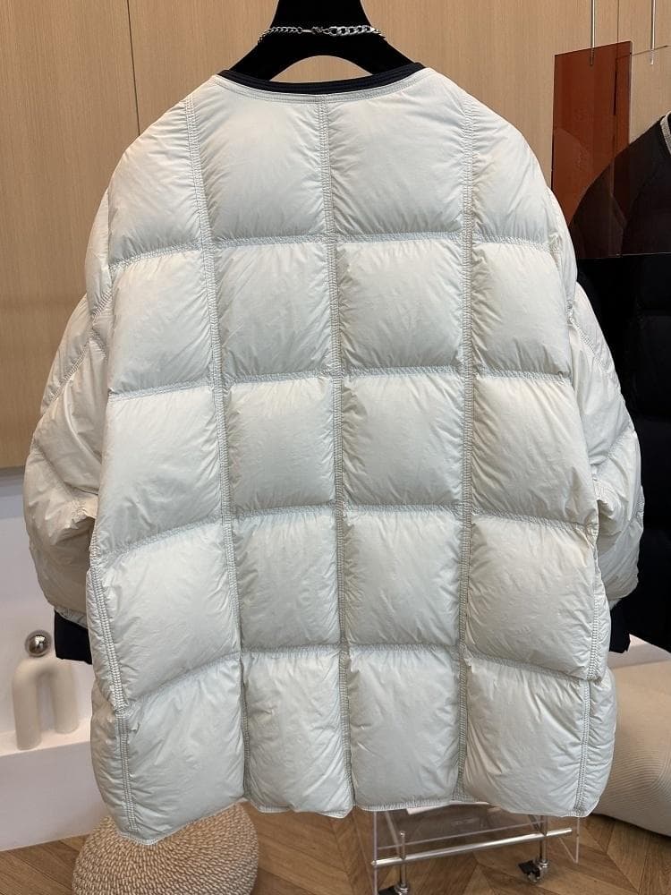 고급 유럽 상품 겨울 고급 센스 패치워크 색상 패션 루즈핏 라운드 넥 자기 빨아 먹다 버클 패딩 재킷 여성 코트 면 옷 면 의류 상세 이미지 12