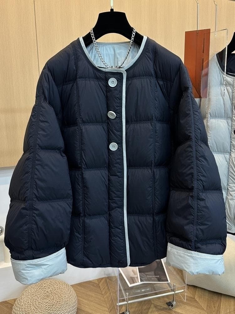 고급 유럽 상품 겨울 고급 센스 패치워크 색상 패션 루즈핏 라운드 넥 자기 빨아 먹다 버클 패딩 재킷 여성 코트 면 옷 면 의류 상세 이미지 15