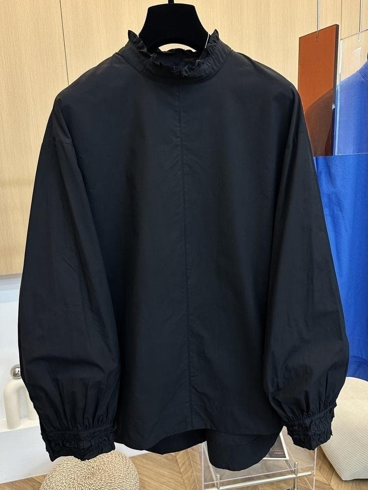 고급 유럽 상품 봄 새로운 디자인 센스 작은 대중 프릴 커프스 루즈핏 캐주얼 순면 긴팔 셔츠 맨위 여성 이미지 4