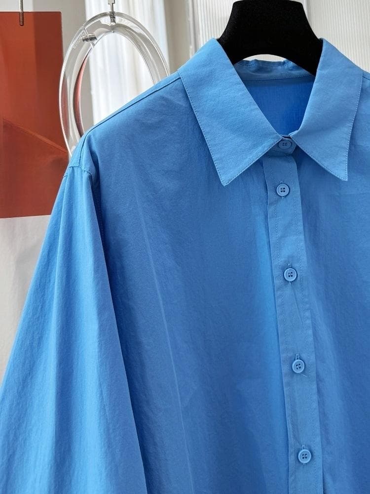 디자인 센스 고유 한 느긋한 바람 루즈핏 캐주얼 한 부서 파란색 긴팔 여성 셔츠 커프스 주름 맨위 봄 가을 새로운 상세 이미지 7