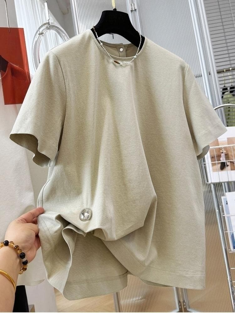 2026 새로운 디자인 센스 고유 한 Chic 비틀림 루즈핏 반팔 티셔츠 여성 여름 반소매 그레이트 봐 의류 상세 이미지 2