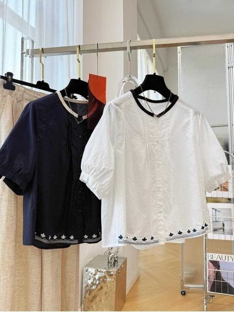화이트 질감 센스 홀로우 아웃 티셔츠 여성용 짧은 소매 2026 새로운 라운드 넥 루즈핏 고유 한 Chic 기본 셔츠 맨위 여름 상세 이미지 1
