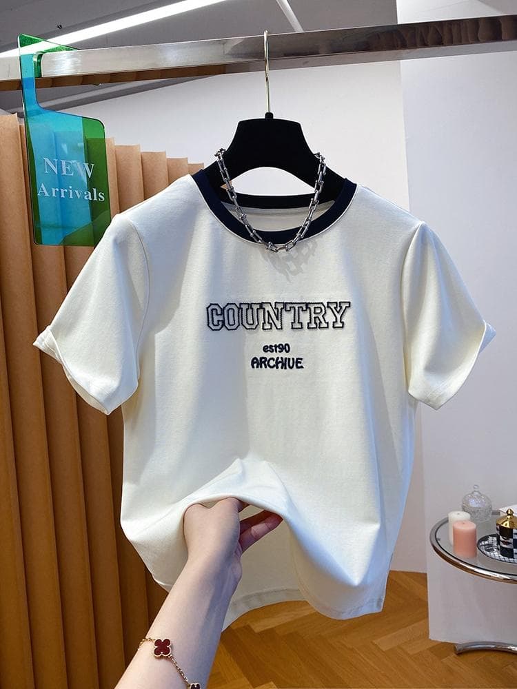 자이언트 잘 생긴 ~ 중 긍정적 인 어깨 티셔츠 여성용 짧은 소매 2026 새로운 여름 외국 가스 다용도 자수 몸매 가꾸기 기본 셔츠 맨위 이미지 2