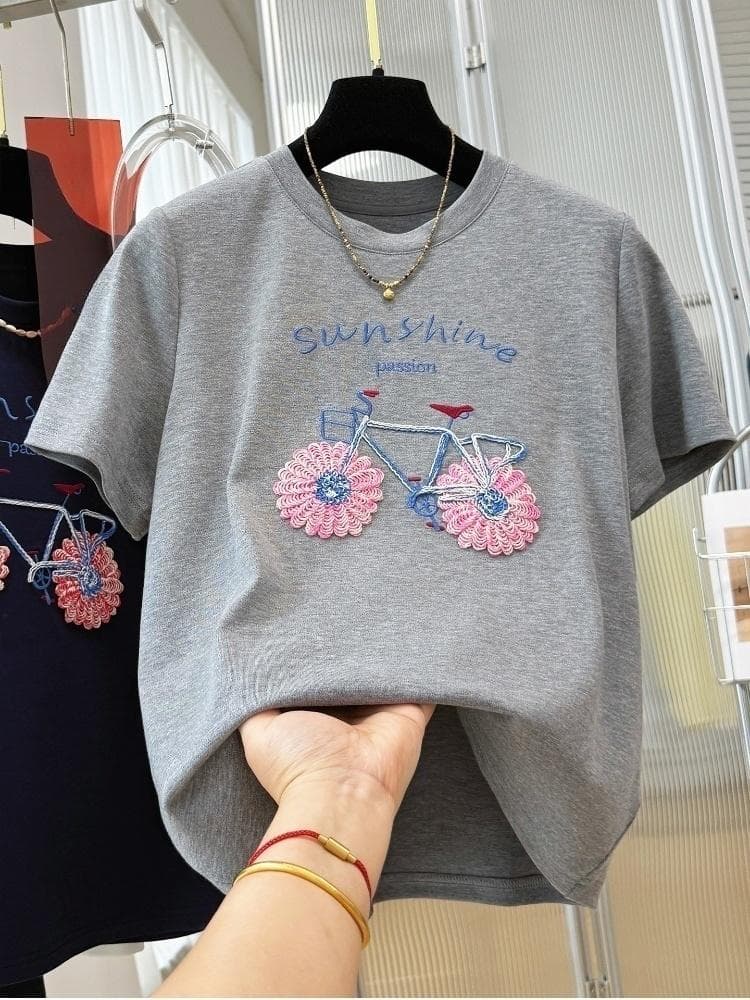 2026 새로운 한 부서 무거운 작업 자수 고유 한 Chic 반팔 티셔츠 여성 여름 반소매 그레이트 봐 의류 ins 상세 이미지 1