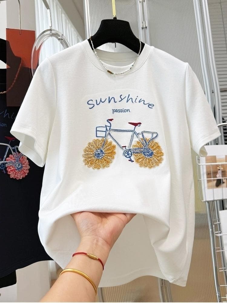2026 새로운 한 부서 무거운 작업 자수 고유 한 Chic 반팔 티셔츠 여성 여름 반소매 그레이트 봐 의류 ins 상세 이미지 2