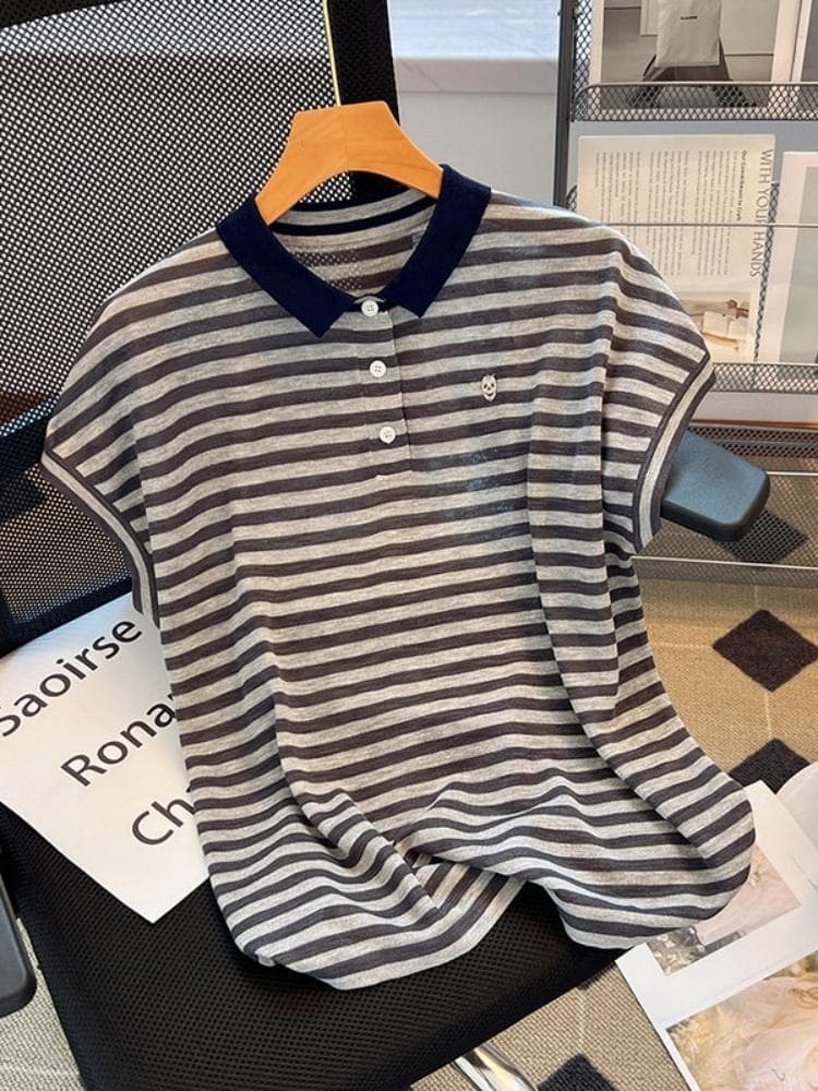 고급 유럽 상품 슈퍼 잘 생긴 스트라이프 POLO 셔츠 얇은 스타일 짧은 소매 위버 여름 캐주얼 폭발 티셔츠 맨위 상세 이미지 4