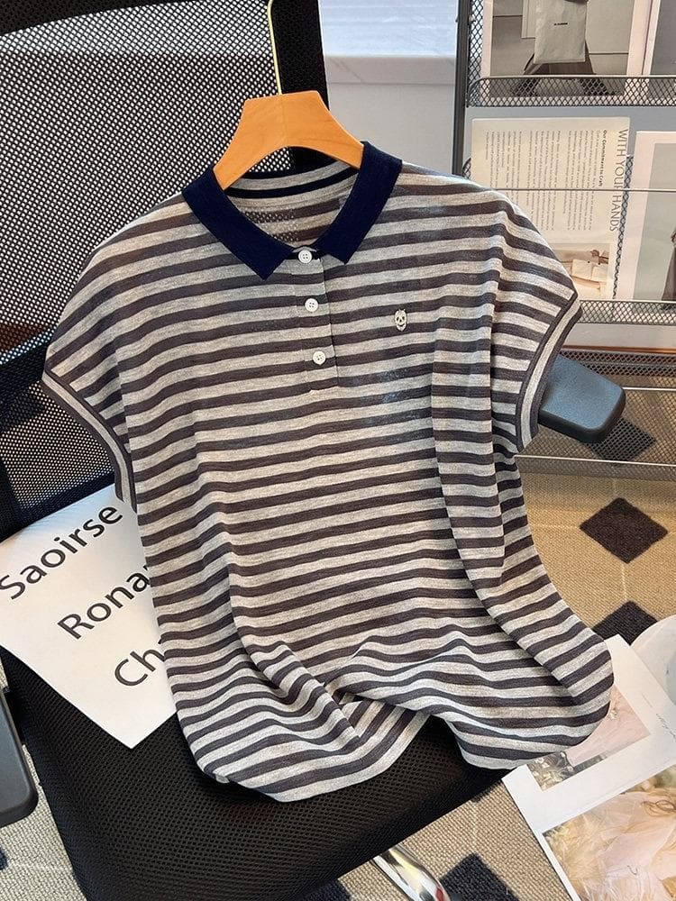 고급 유럽 상품 슈퍼 잘 생긴 스트라이프 POLO 셔츠 얇은 스타일 짧은 소매 위버 여름 캐주얼 폭발 티셔츠 맨위 상세 이미지 6