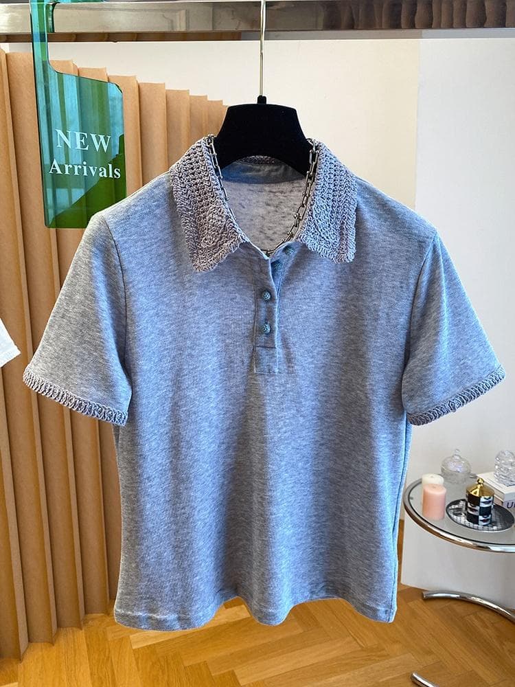 고급 센스 화이트 POLO 칼라 티셔츠 여성용 짧은 소매 2026 여름 새로운 루즈핏 니트 패치워크 반 개방 버클 업 의류 이미지 5