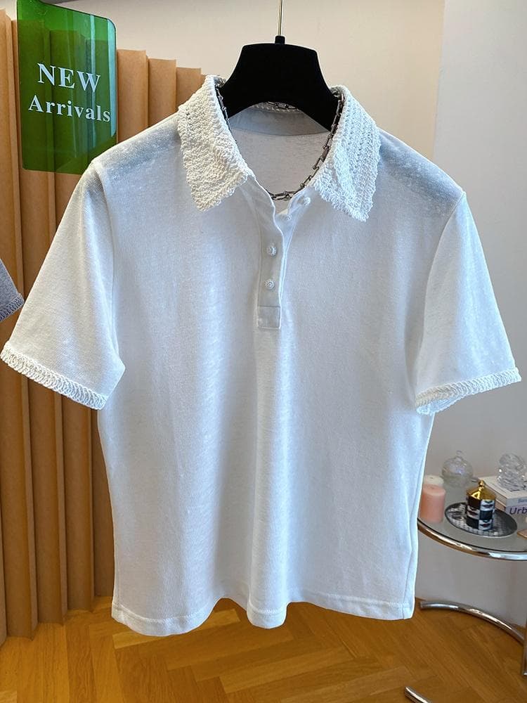 고급 센스 화이트 POLO 칼라 티셔츠 여성용 짧은 소매 2026 여름 새로운 루즈핏 니트 패치워크 반 개방 버클 업 의류 상세 이미지 15