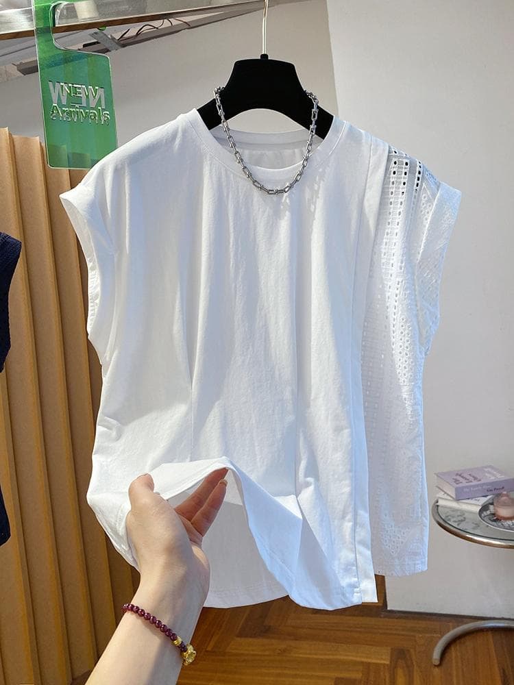 미니멀리즘 화이트 디자인 센스 패치워크 자수 반팔 여성 순면 Chic 루즈핏 캐주얼 티셔츠 2026 여름 새로운 이미지 4