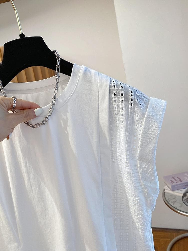 미니멀리즘 화이트 디자인 센스 패치워크 자수 반팔 여성 순면 Chic 루즈핏 캐주얼 티셔츠 2026 여름 새로운 상세 이미지 9