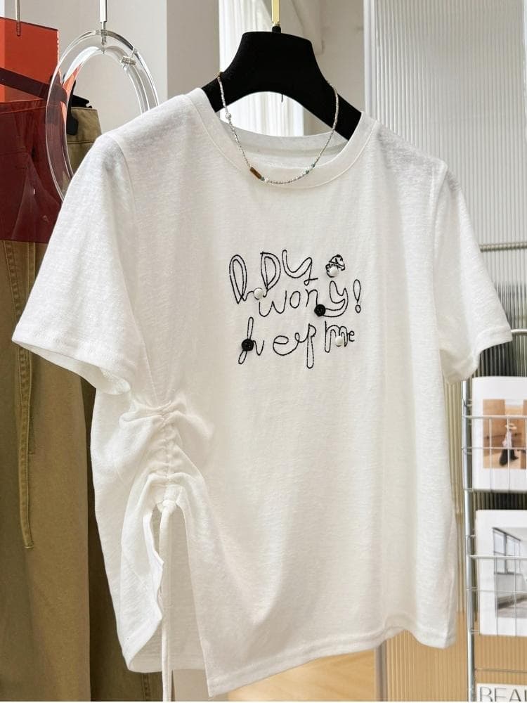 2026 슈퍼 화재 연령 감소 고유 한 Chic 자수 알파벳 주름 반팔 티셔츠 여성 여름 자이언트 잘 생긴 반소매 맨위 이미지 4