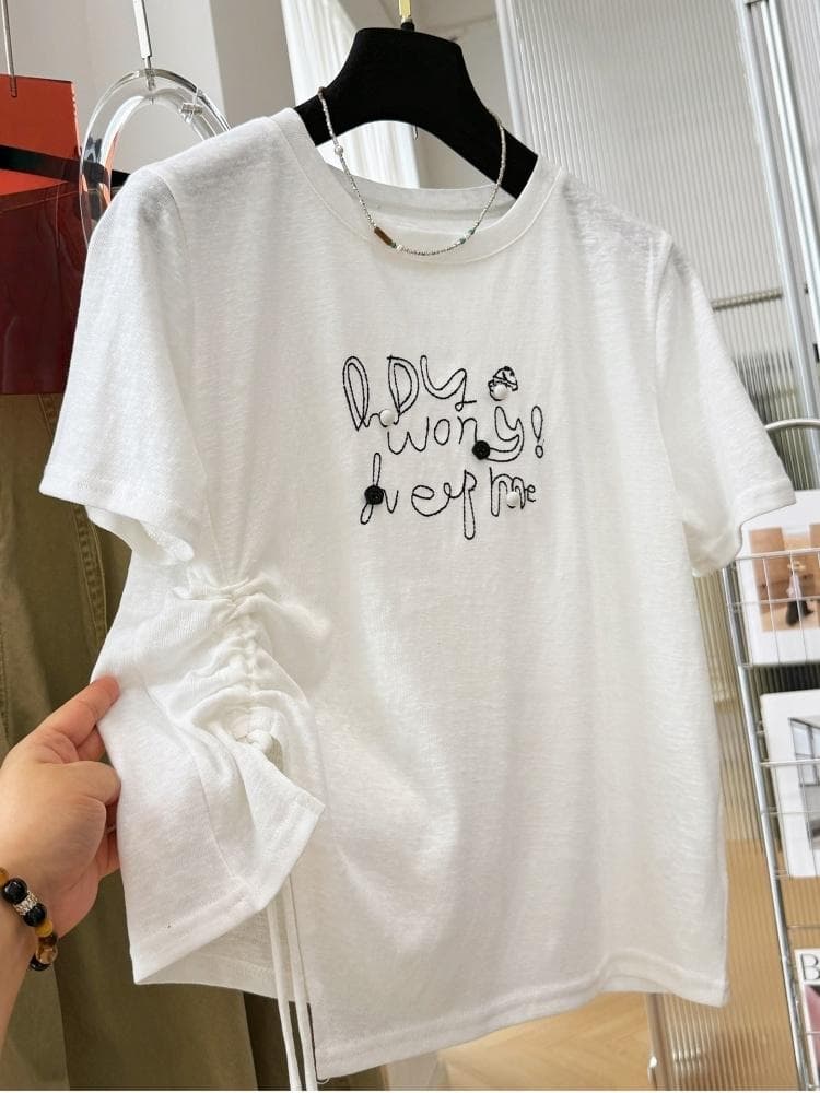 2026 슈퍼 화재 연령 감소 고유 한 Chic 자수 알파벳 주름 반팔 티셔츠 여성 여름 자이언트 잘 생긴 반소매 맨위 상세 이미지 10