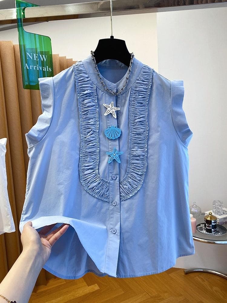 한 부서 민소매 여성 셔츠 여름 2026 새로운 루즈핏 캐주얼 고유 한 Chic 주름 자이언트 잘 생긴 작은 날다 소매 맨위 이미지 2