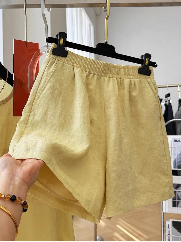 프랑스식 작은 대중 소금 부서 반바지 패션 캐주얼 다용도 루즈핏 라미 미니멀리즘 황색 반바지 2026 여름 새로운 이미지 3