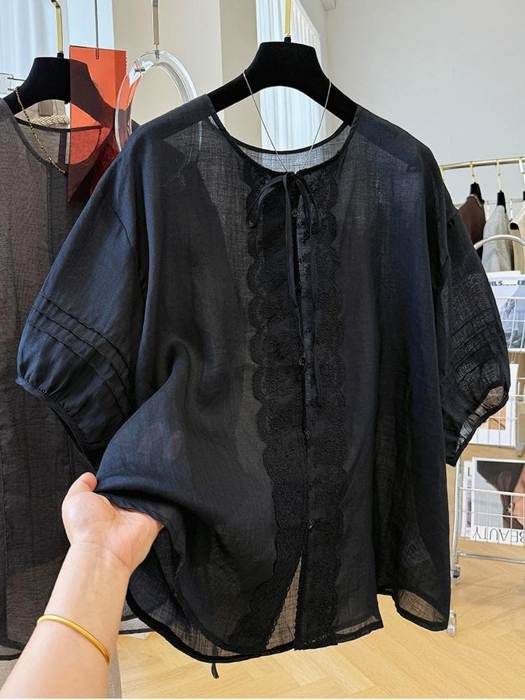 고급 센스 고유 한 아름다운 레이스 레이스 프랑스식 작은 셔츠 여성 여름 고급 패션 품격 작은 셔츠 맨위 얇은 스타일 상세 이미지 2