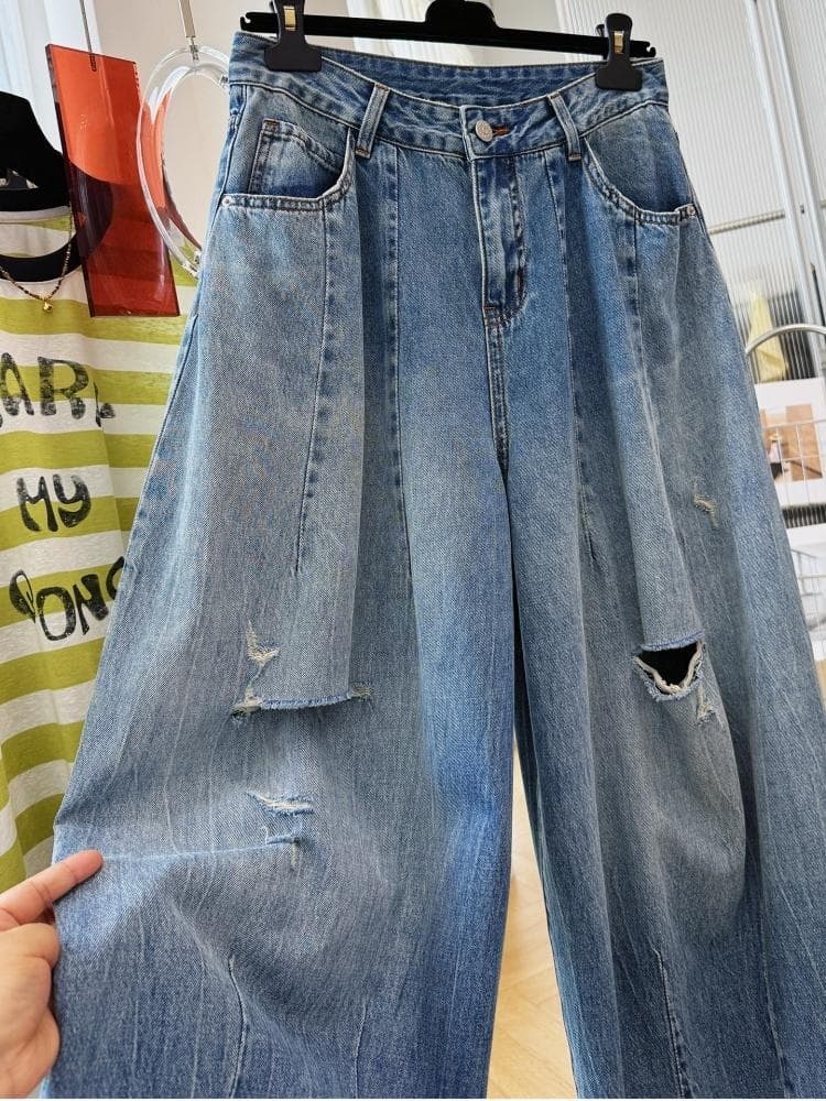 2026 슈퍼 화재 oversize 캐주얼 찢어진 부분 청바지 여성 여름 고유 한 얇은 스타일 느긋한 바람 느슨함 센스 바지 상세 이미지 5