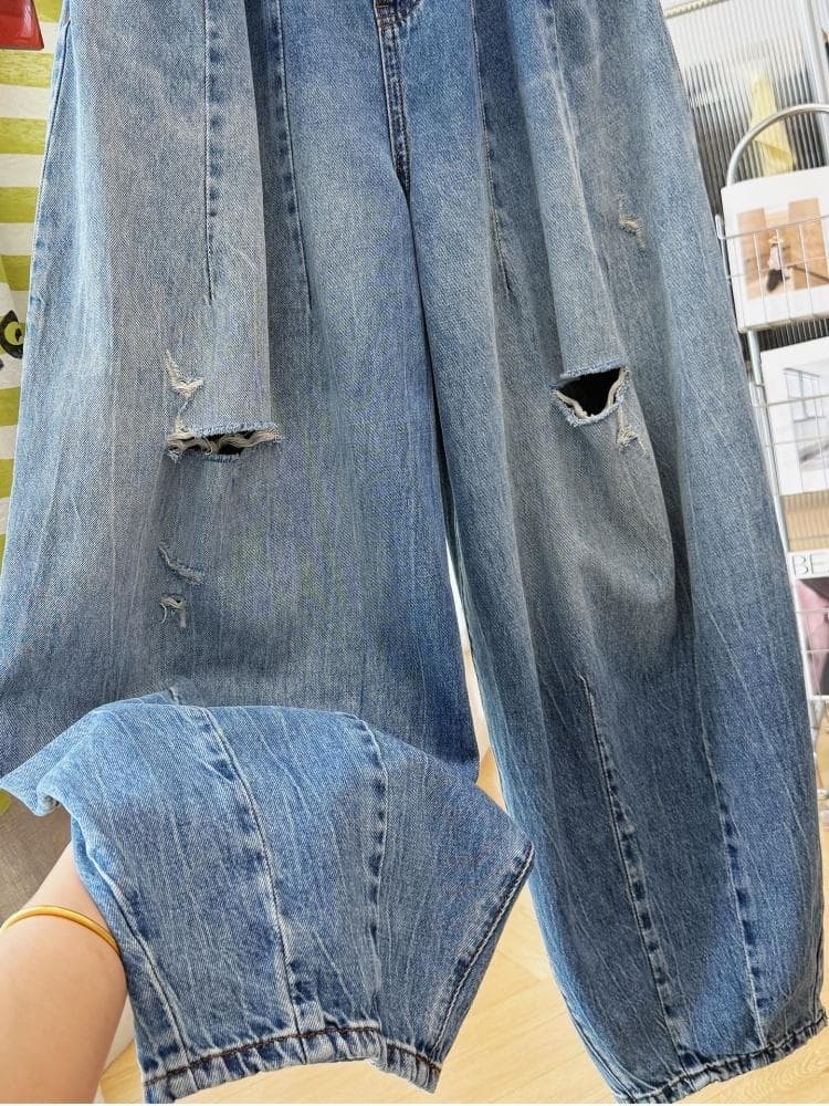 2026 슈퍼 화재 oversize 캐주얼 찢어진 부분 청바지 여성 여름 고유 한 얇은 스타일 느긋한 바람 느슨함 센스 바지 상세 이미지 7