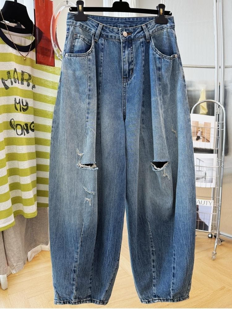 2026 슈퍼 화재 oversize 캐주얼 찢어진 부분 청바지 여성 여름 고유 한 얇은 스타일 느긋한 바람 느슨함 센스 바지 상세 이미지 8