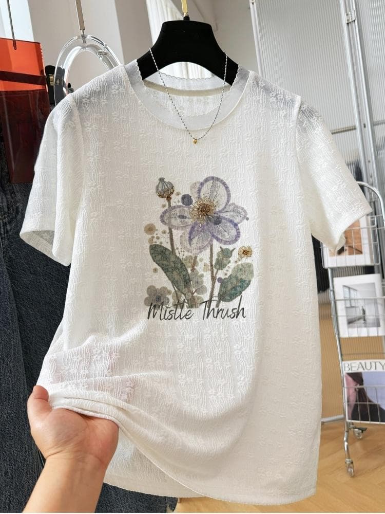 2026 새로운 자이언트 잘 생긴 ~ 중 프린트 비즈 박기 반팔 티셔츠 여성 여름 착용 가져 가라. 얇은 스타일 반소매 레이스 맨위 ins 이미지 3