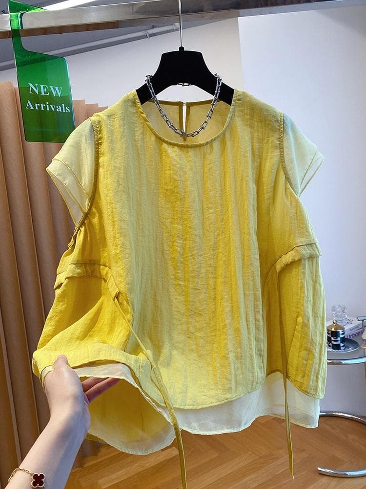 슈퍼 화재 연령 감소 페이크 레이어드 셔츠 여성용 짧은 소매 2026 새로운 루즈핏 얇고 가벼운 고유 한 아름다운 그레이트 봐. 의류 여름 상세 이미지 5