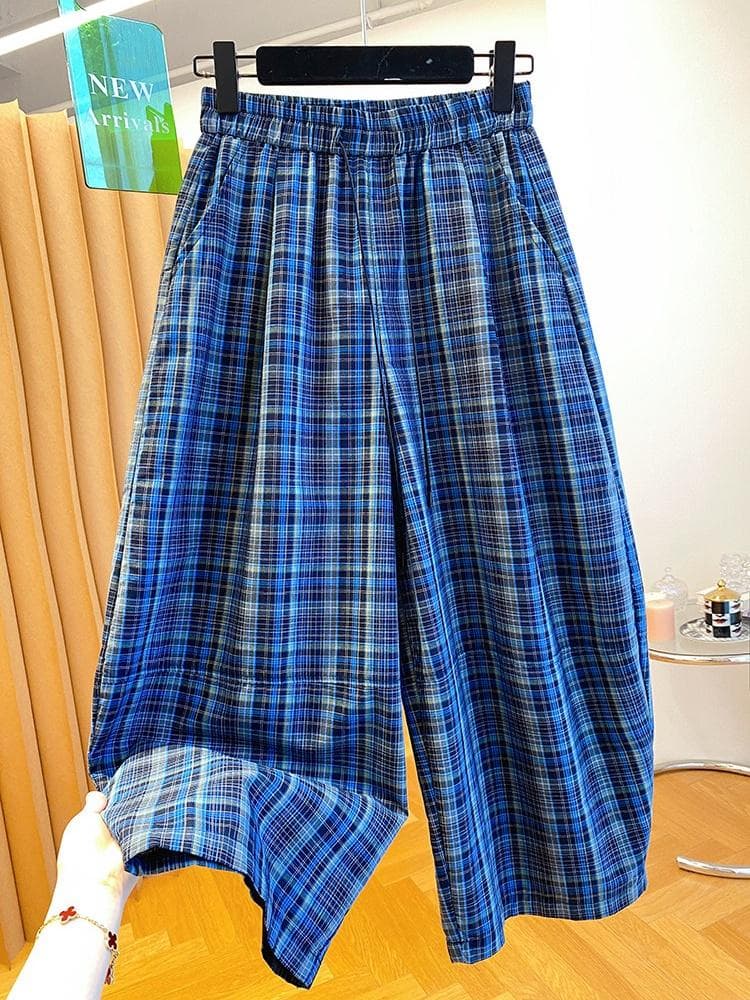 한 부서 파란색 체크무늬 모통이 칼 와이드 레깅스 바지 2026 새로운 루즈핏 캐주얼 하이웨이스트 스트레이트 팬츠 8 점 바지 여름 상세 이미지 2