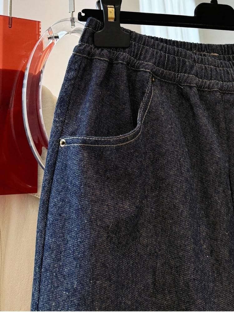 고급 센스 한 부서 면 캐주얼 청바지 여성 가을 허리밴드 루즈핏 와이드 레그 팬츠 자이언트 잘 생긴 ~ 중 9부 바지 상세 이미지 5