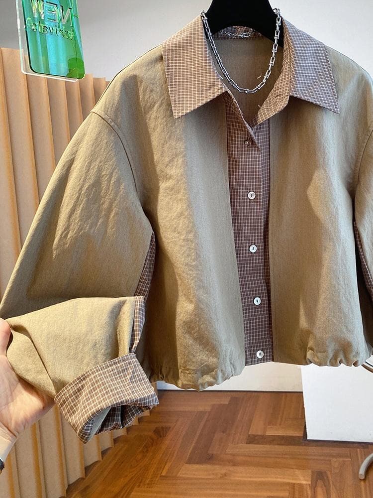 고급 센스 체크무늬 패치워크 셔츠 재킷 여성 짧은 2026 이른 가을 새로운 루즈핏 다용도 폴로 칼라 재킷 맨위 상세 이미지 18