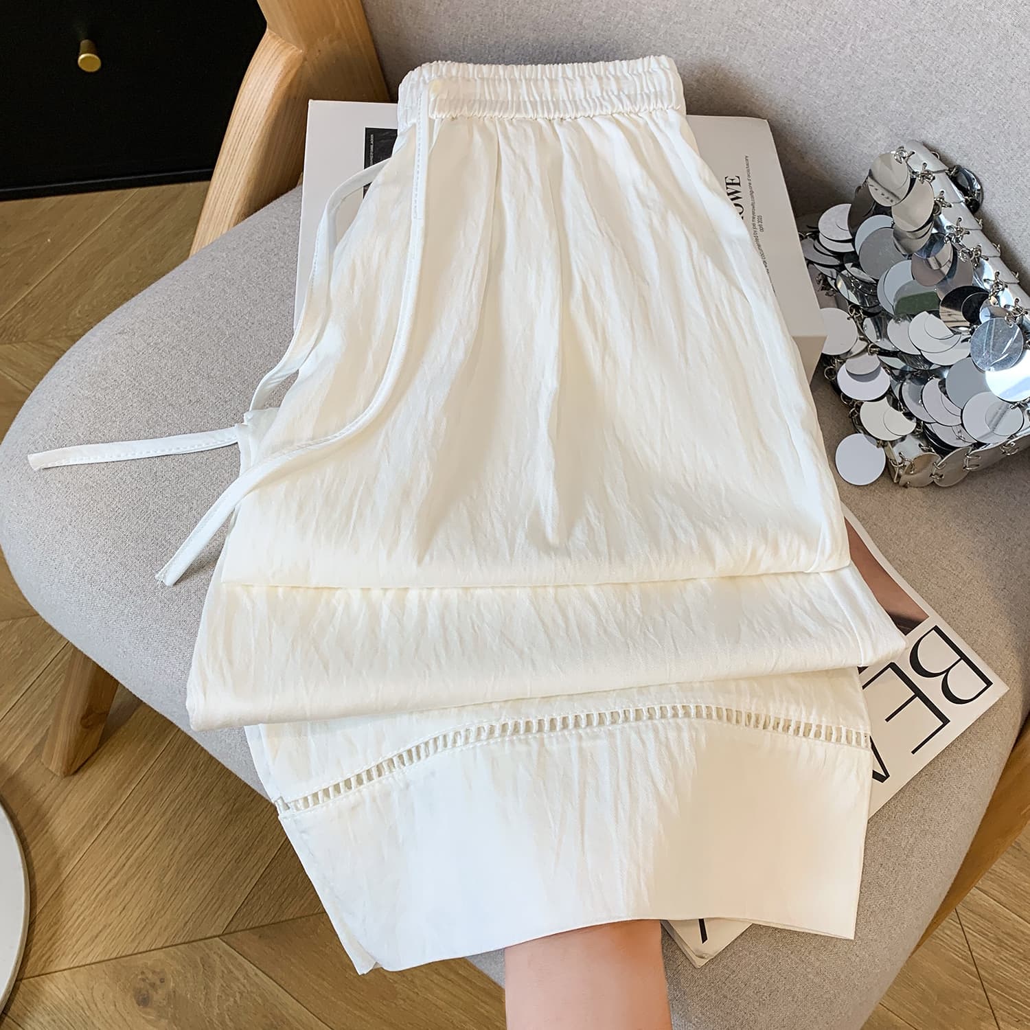 실사 여름 새로운 주간 실크 도루 센스 9 포인트 와이드 레깅스 바지 디자인 센스 레이스 홀로우 아웃 캐주얼 다용도 스트레이트 팬츠 이미지 2