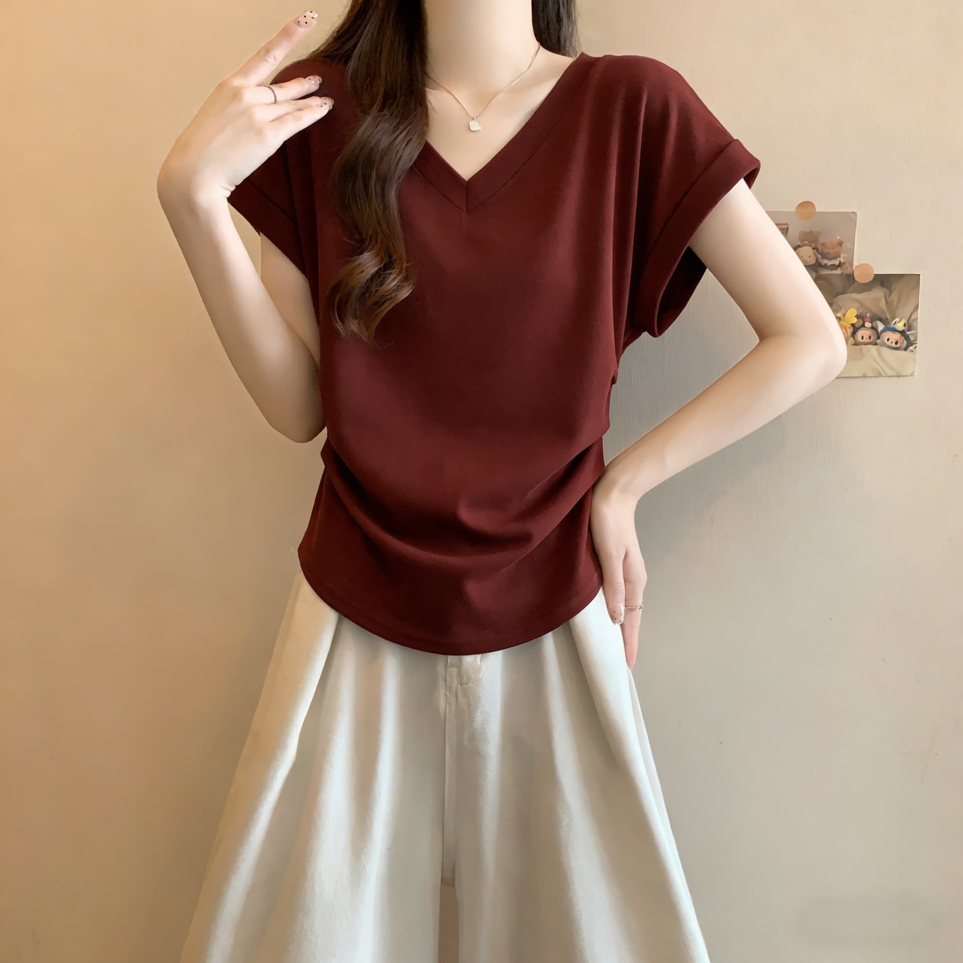 실사 주름 허리 수축 V넥 반팔 티셔츠 여성 여름 순면 빅 사이즈 루즈핏 디자인 센스 다용도 연령 감소 맨위 이미지 4