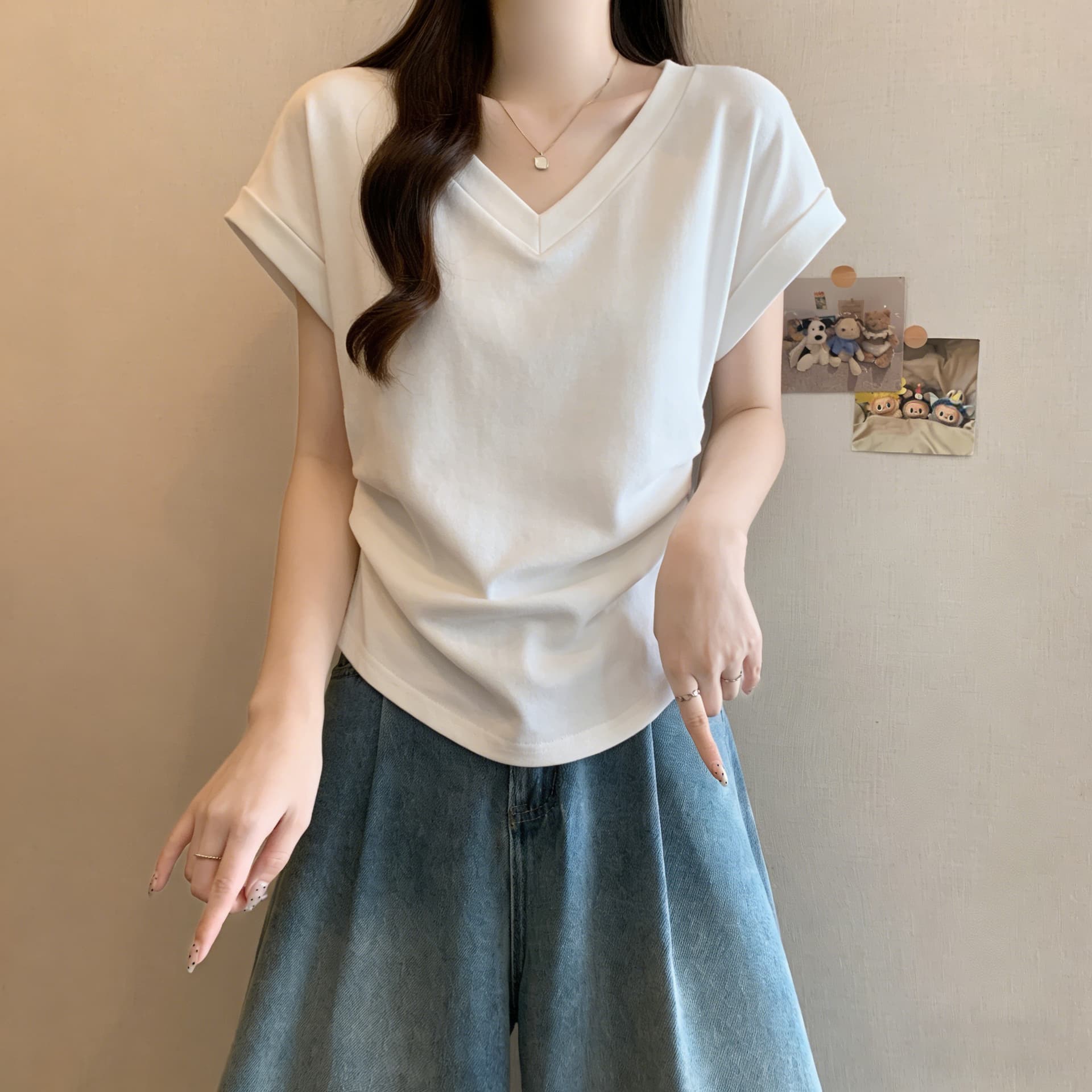 실사 주름 허리 수축 V넥 반팔 티셔츠 여성 여름 순면 빅 사이즈 루즈핏 디자인 센스 다용도 연령 감소 맨위 이미지 3