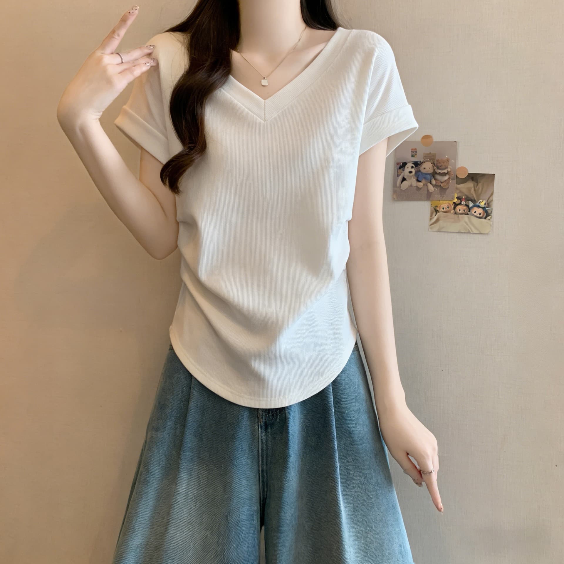실사 주름 허리 수축 V넥 반팔 티셔츠 여성 여름 순면 빅 사이즈 루즈핏 디자인 센스 다용도 연령 감소 맨위 상세 이미지 10