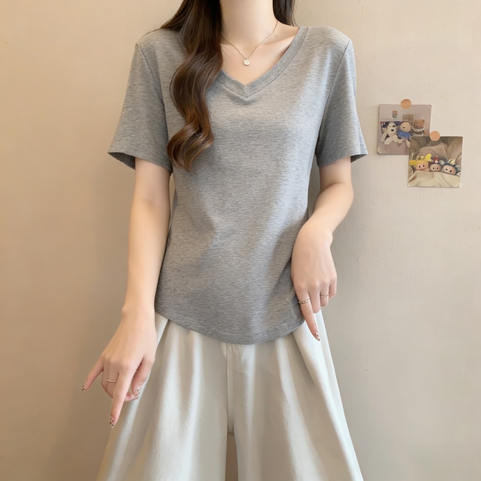 실사 빅 사이즈 순수한 욕망 바람 V넥 순면 반팔 티셔츠 여성 여름 지방 mm 슬림해 보이는 루즈핏 느긋한 표지 고기 맨위