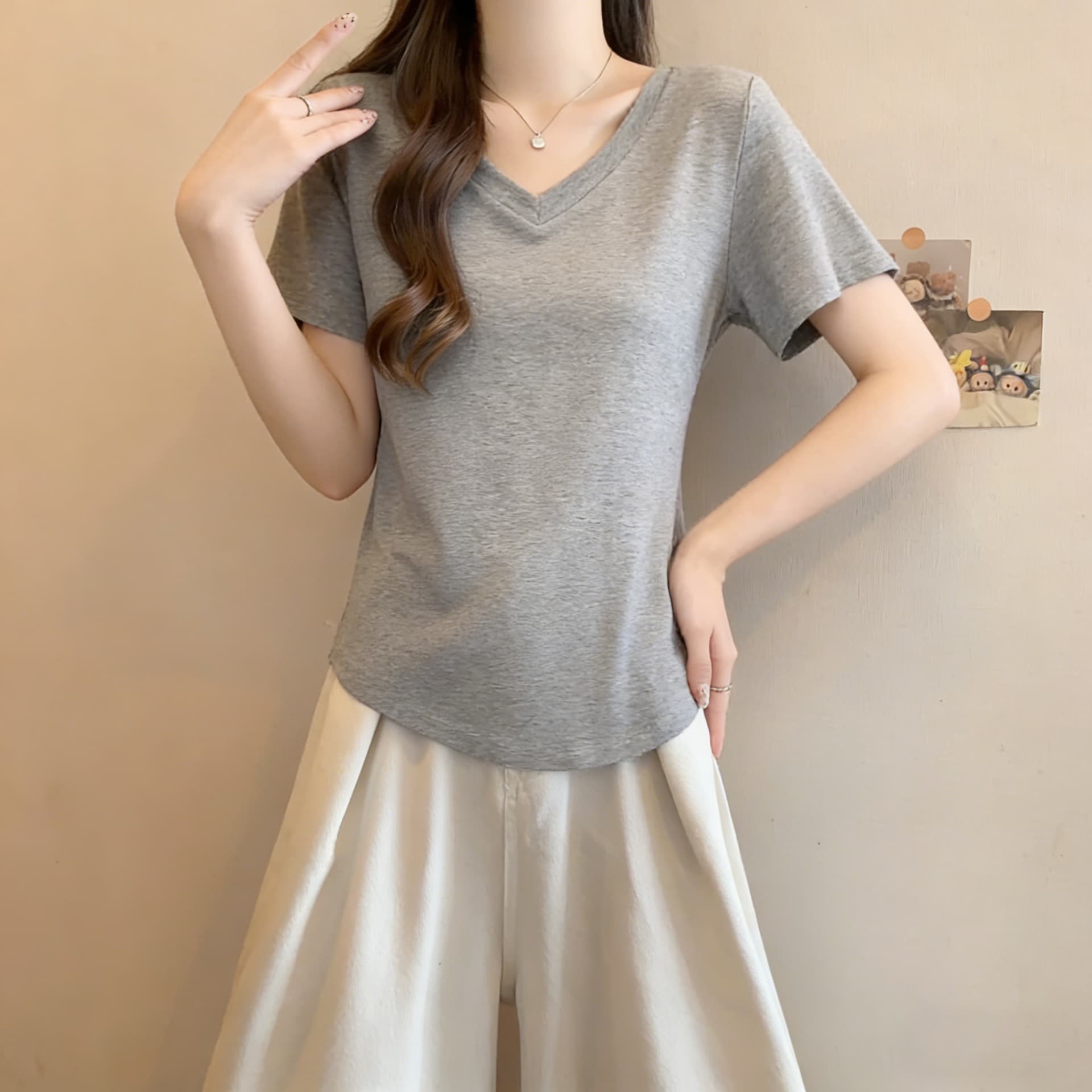 실사 빅 사이즈 순수한 욕망 바람 V넥 순면 반팔 티셔츠 여성 여름 지방 mm 슬림해 보이는 루즈핏 느긋한 표지 고기 맨위 상세 이미지 3
