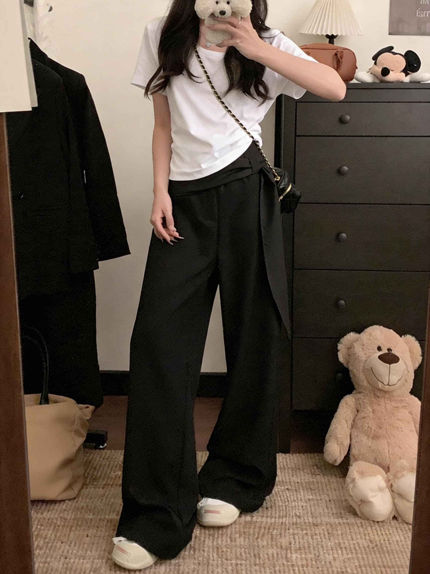 실사 커피 색상 와이드 레깅스 바지 디자인 센스 레이스업 높은 허리 바지 슬림해 보이는 다용도 도루 가을 센스 바닥 청소 캐주얼 바지 상세 이미지 9