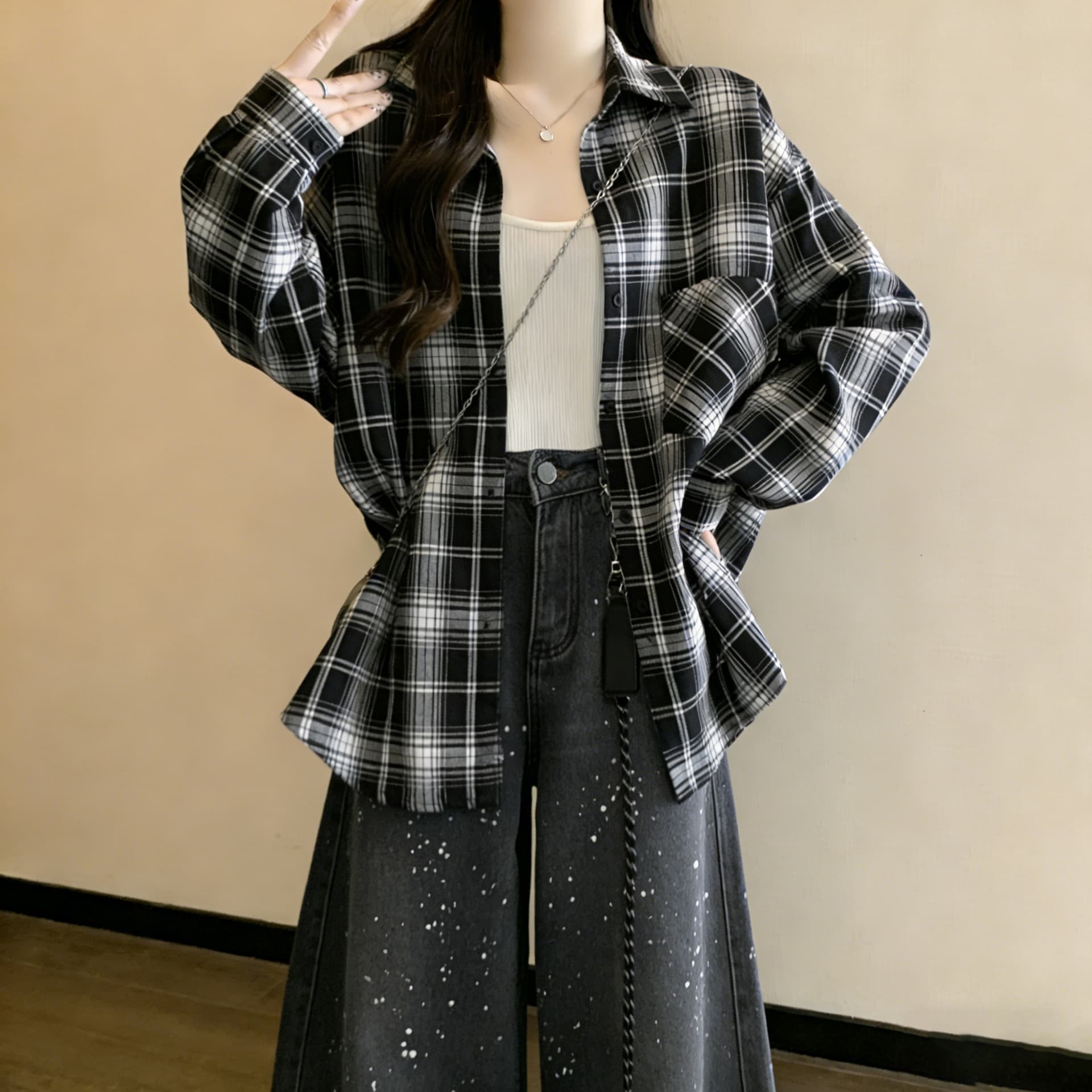 실사 연령 감소 레트로 격자 무늬 셔츠 여성 코트 봄 가을 새로운 루즈핏 지방 mm 셔츠 긴팔 맨위 이미지 2