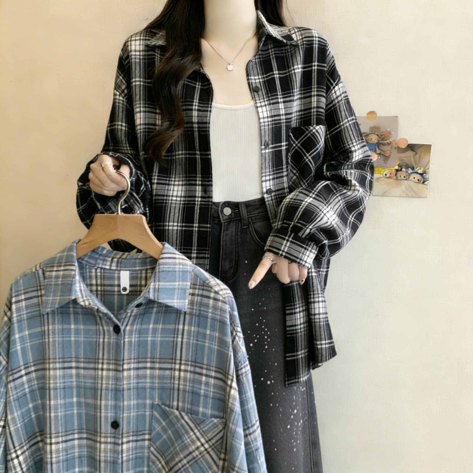 실사 연령 감소 레트로 격자 무늬 셔츠 여성 코트 봄 가을 새로운 루즈핏 지방 mm 셔츠 긴팔 맨위