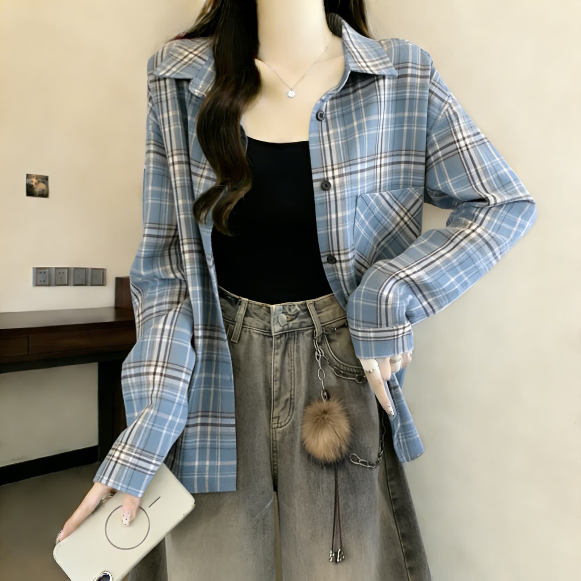 실사 연령 감소 레트로 격자 무늬 셔츠 여성 코트 봄 가을 새로운 루즈핏 지방 mm 셔츠 긴팔 맨위 상세 이미지 12