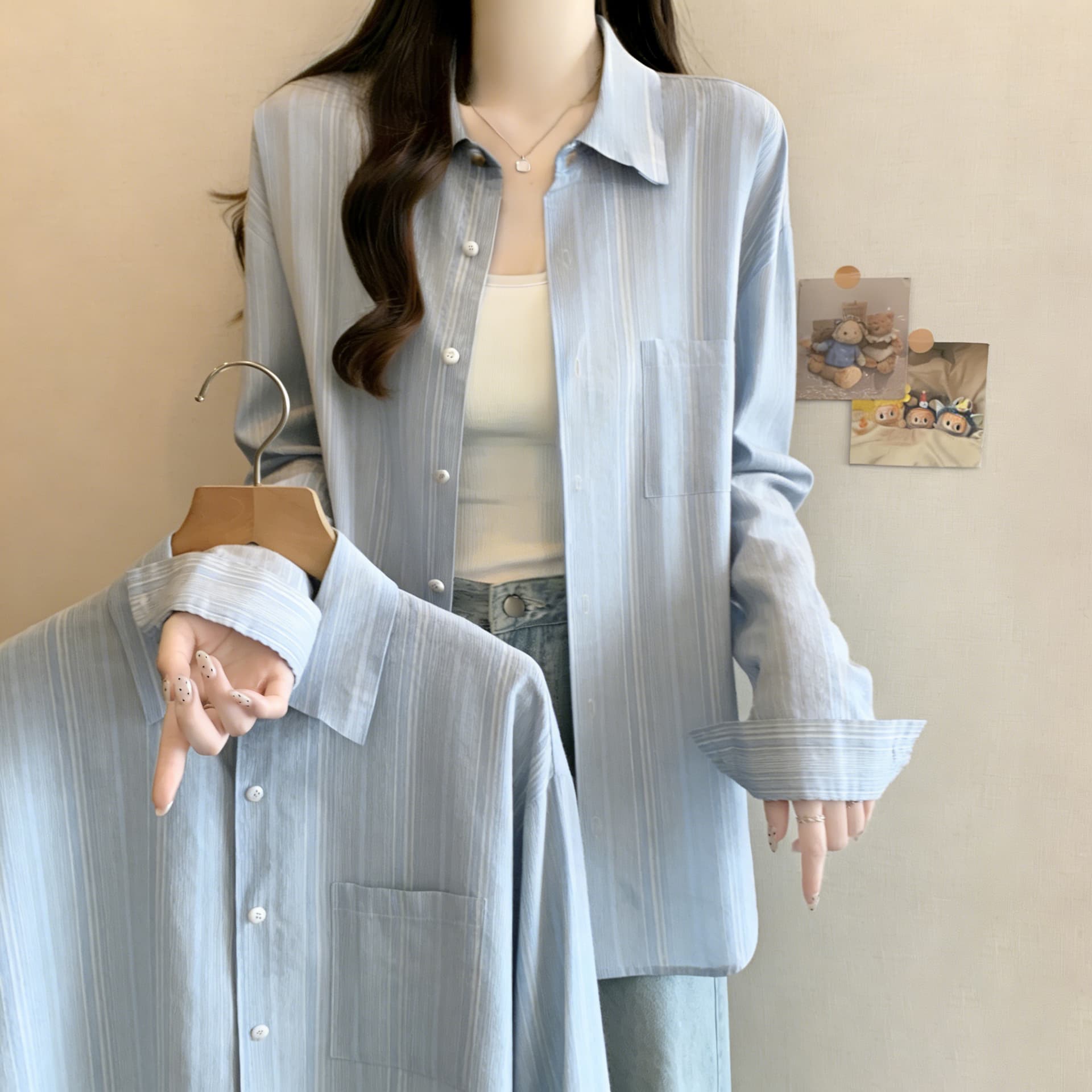 실사 한 부서 스트라이프 긴팔 여성 셔츠 여름 얇은 스타일 자외선 차단 루즈핏 느긋한 바람 출퇴근 다용도 셔츠 상세 이미지 2