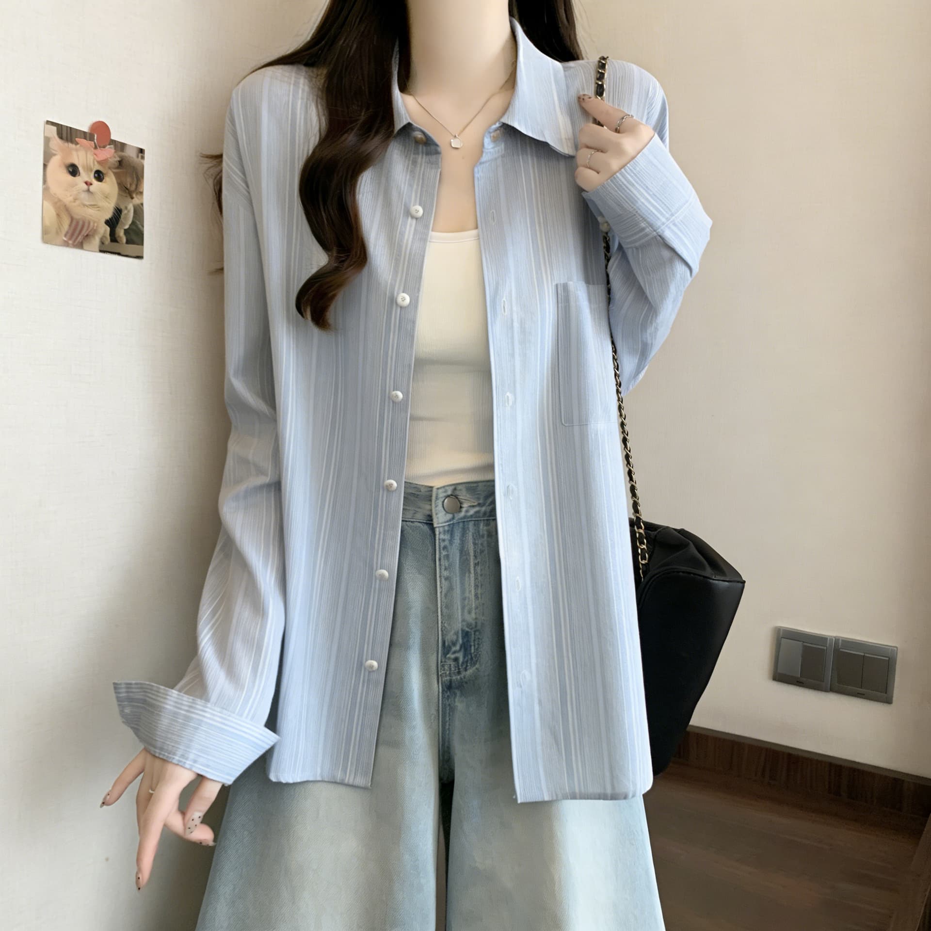 실사 한 부서 스트라이프 긴팔 여성 셔츠 여름 얇은 스타일 자외선 차단 루즈핏 느긋한 바람 출퇴근 다용도 셔츠 상세 이미지 4