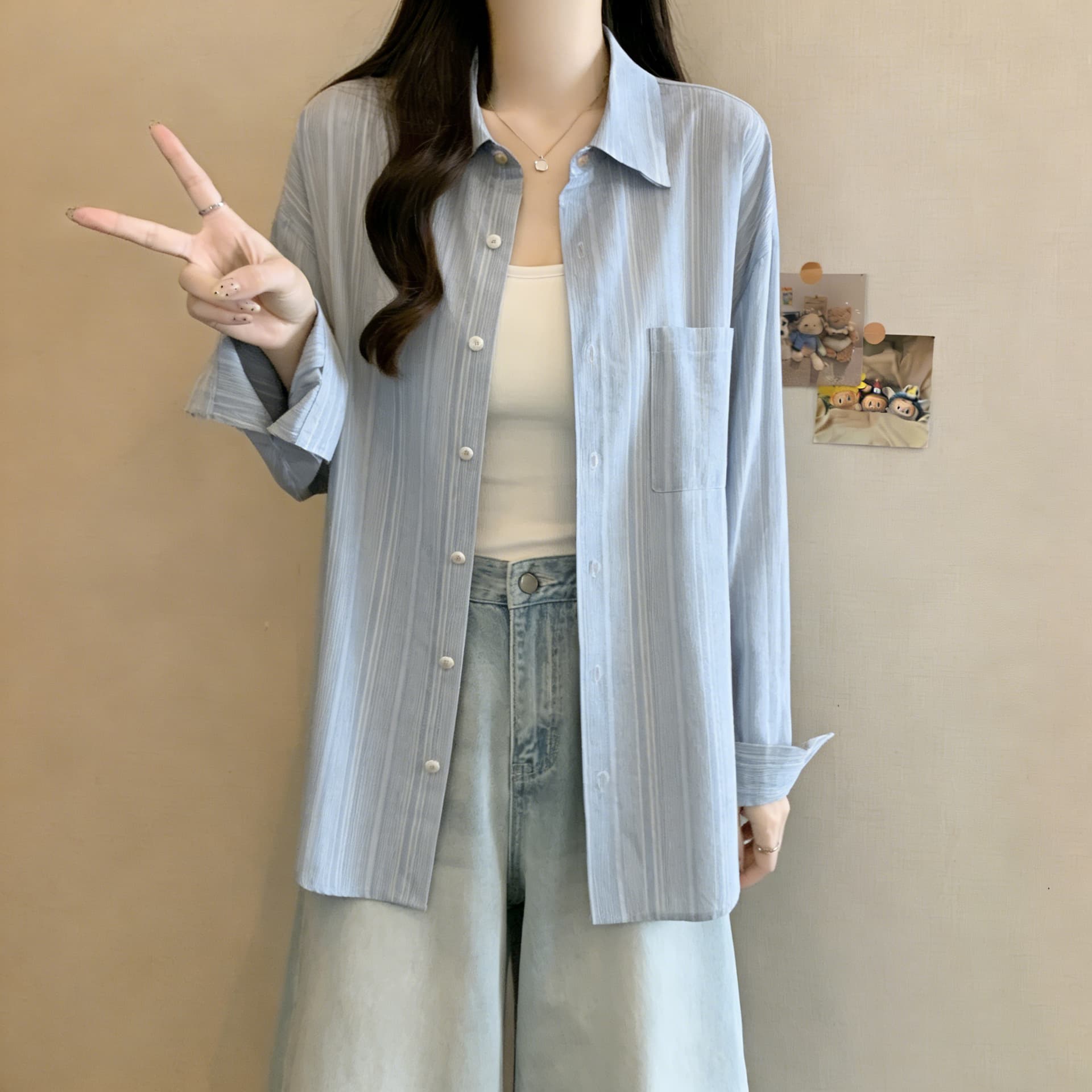 실사 한 부서 스트라이프 긴팔 여성 셔츠 여름 얇은 스타일 자외선 차단 루즈핏 느긋한 바람 출퇴근 다용도 셔츠 상세 이미지 7
