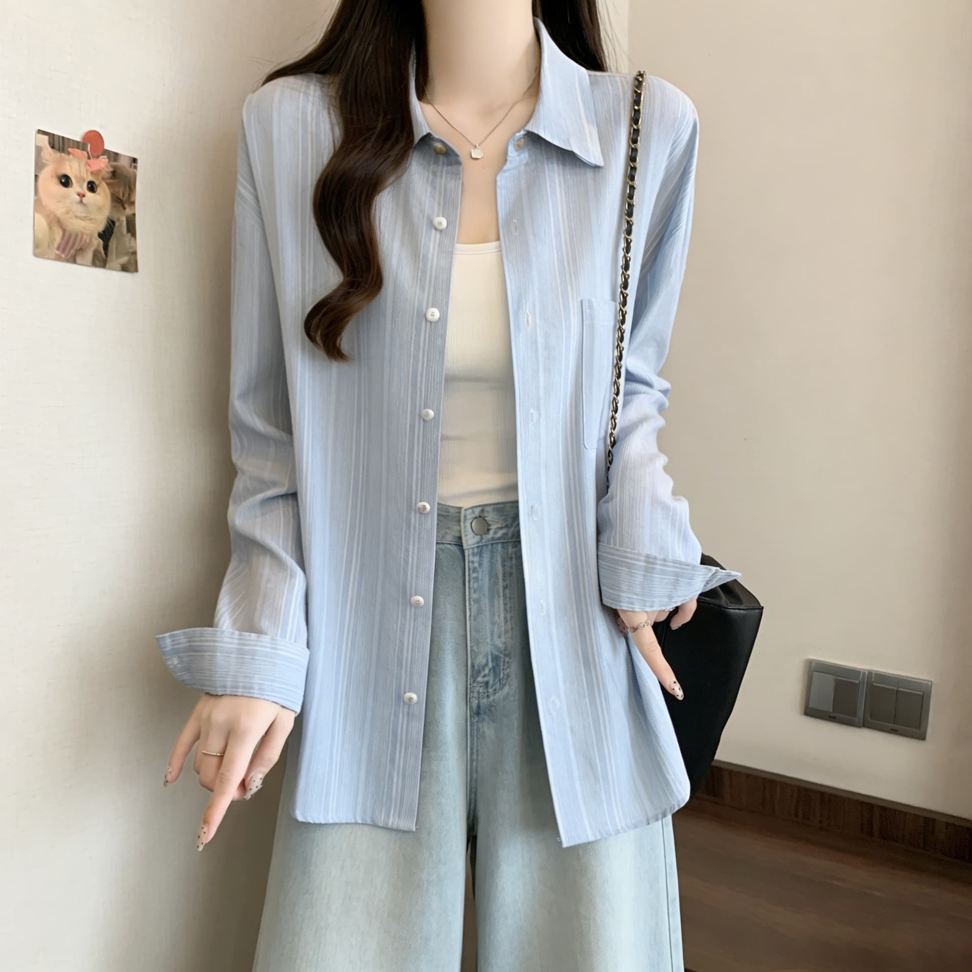 실사 한 부서 스트라이프 긴팔 여성 셔츠 여름 얇은 스타일 자외선 차단 루즈핏 느긋한 바람 출퇴근 다용도 셔츠 상세 이미지 9