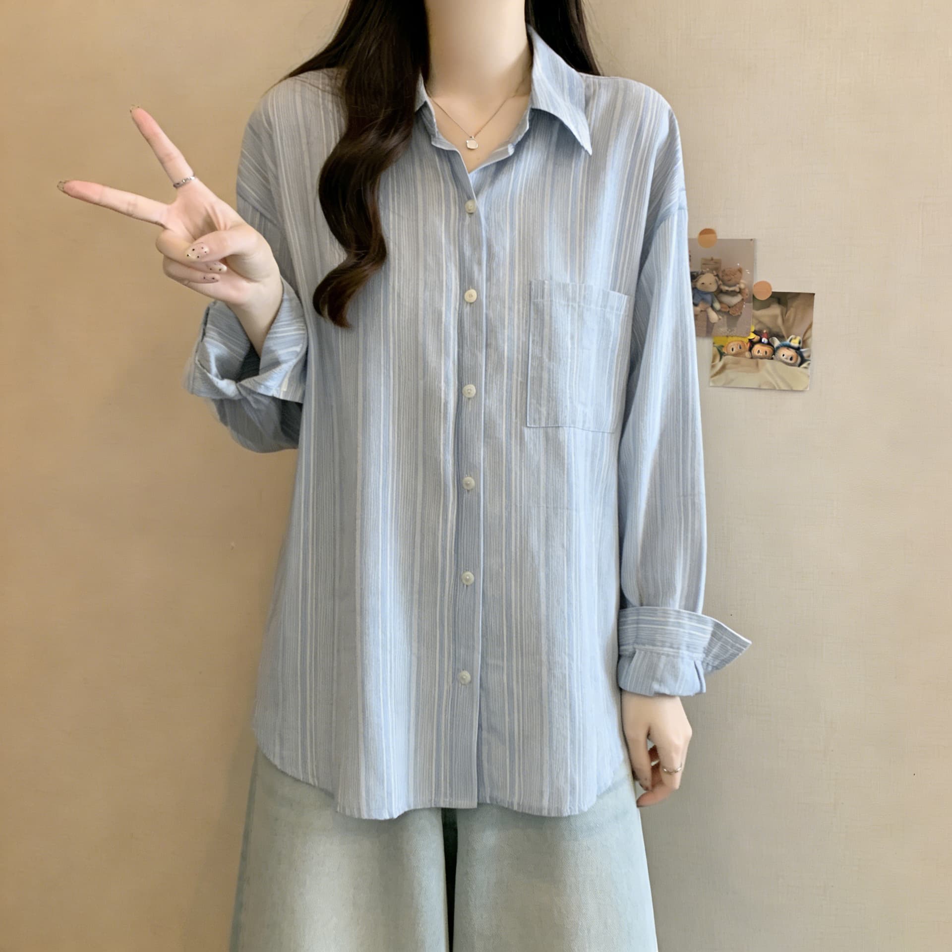 실사 한 부서 스트라이프 긴팔 여성 셔츠 여름 얇은 스타일 자외선 차단 루즈핏 느긋한 바람 출퇴근 다용도 셔츠 상세 이미지 11
