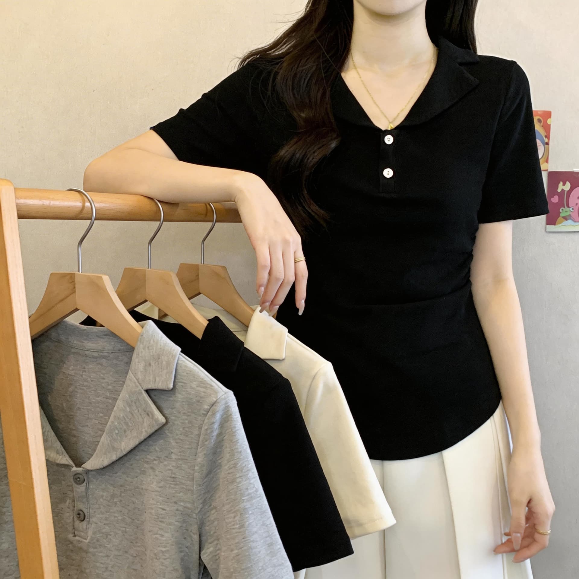 실사 한 부서 POLO 칼라 반팔 여성 여름 새로운 몸매 가꾸기 슬림해 보이는 허리 수축 주름 티셔츠 기본 셔츠 상세 이미지 9