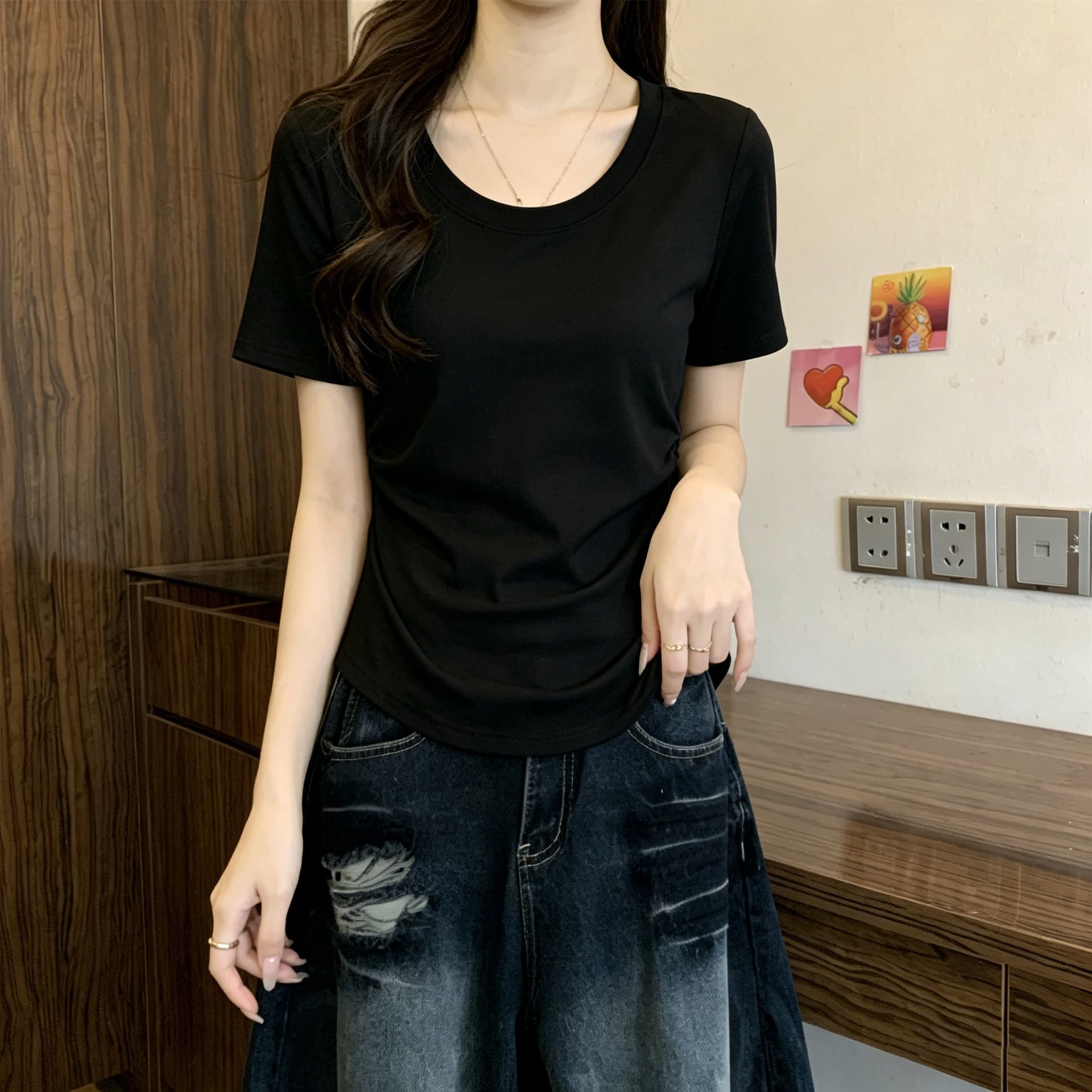 실사 있음 선적 반팔 티셔츠 여성 여름 새로운 지방 mm 불규칙 주름 디자인 센스 루즈핏 맨위 상세 이미지 11