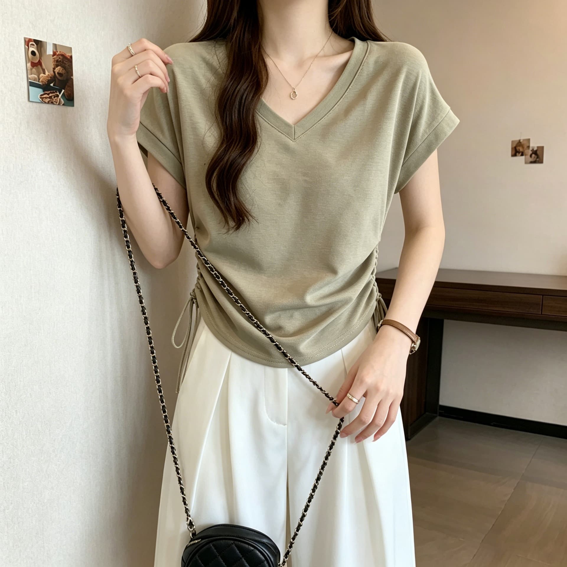 실사 있음 선적 V넥 반팔 티셔츠 여성 여름 2026 새로운 빅 사이즈 지방 mm 슬림해 보이는 펌프 로프 쇼트 스타일 작은 맨위 상세 이미지 10