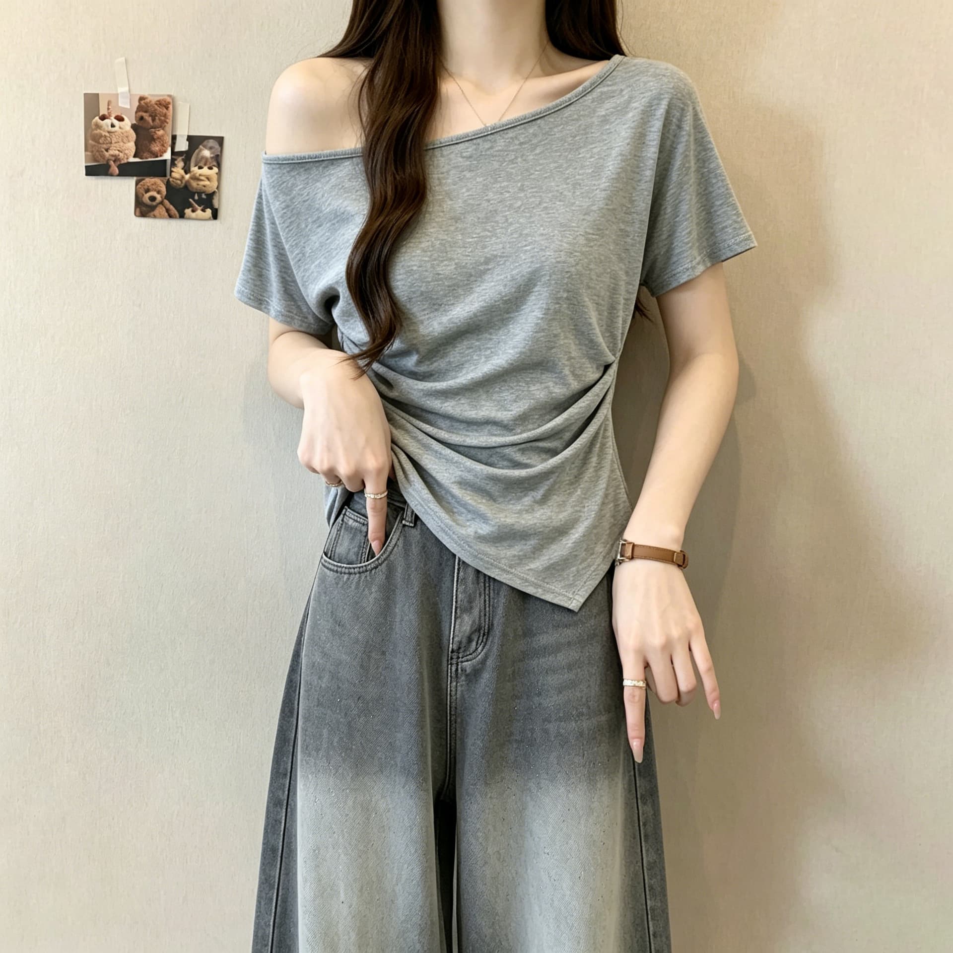 실사 빅 사이즈 지방 mm 핫걸 바람 비스듬한 어깨 반팔 티셔츠 여성 여름 새로운 허리 수축 주름 불규칙 기본 셔츠 상세 이미지 2