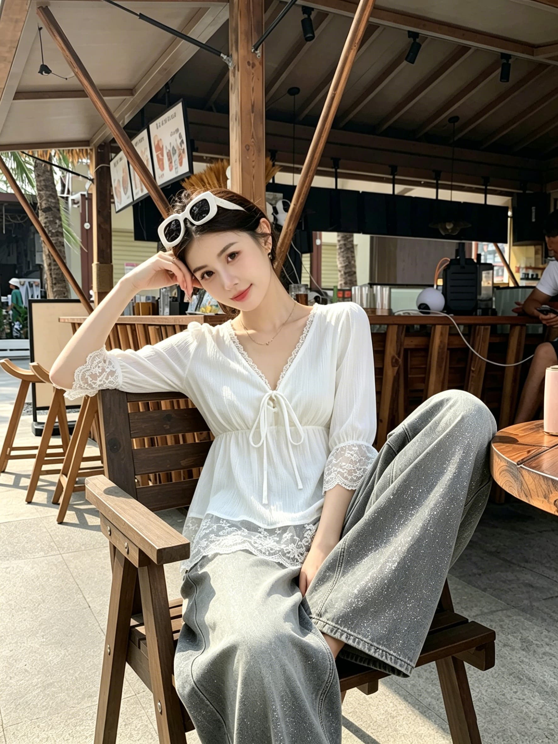 실사 부드러운 바람 레이스 V넥 시폰 셔츠 여성 여름 마이크로 지방 mm 표지 고기 슬림해 보이는 허리 수축 레이스업 다용도 맨위 상세 이미지 4