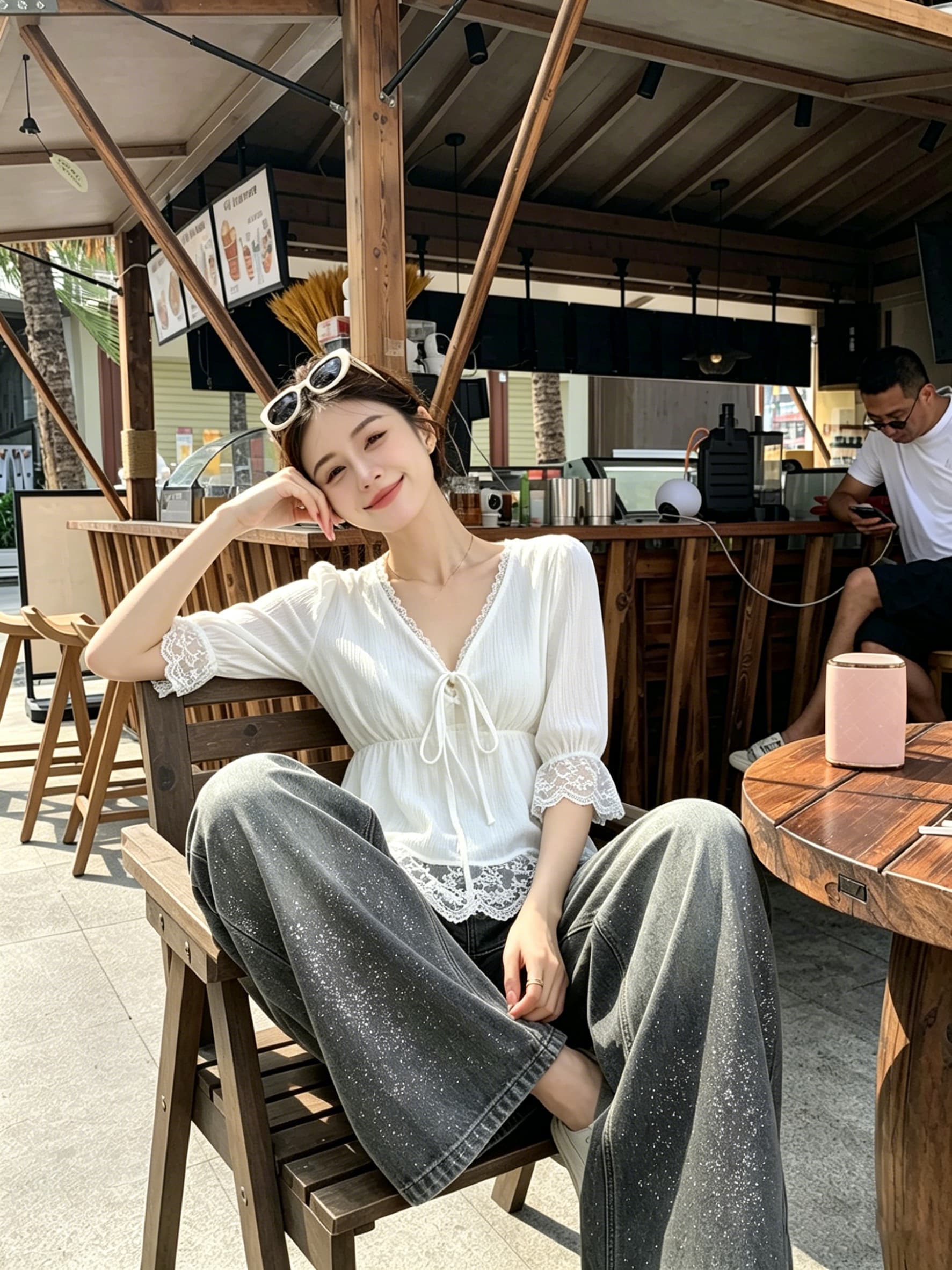 실사 부드러운 바람 레이스 V넥 시폰 셔츠 여성 여름 마이크로 지방 mm 표지 고기 슬림해 보이는 허리 수축 레이스업 다용도 맨위 상세 이미지 5